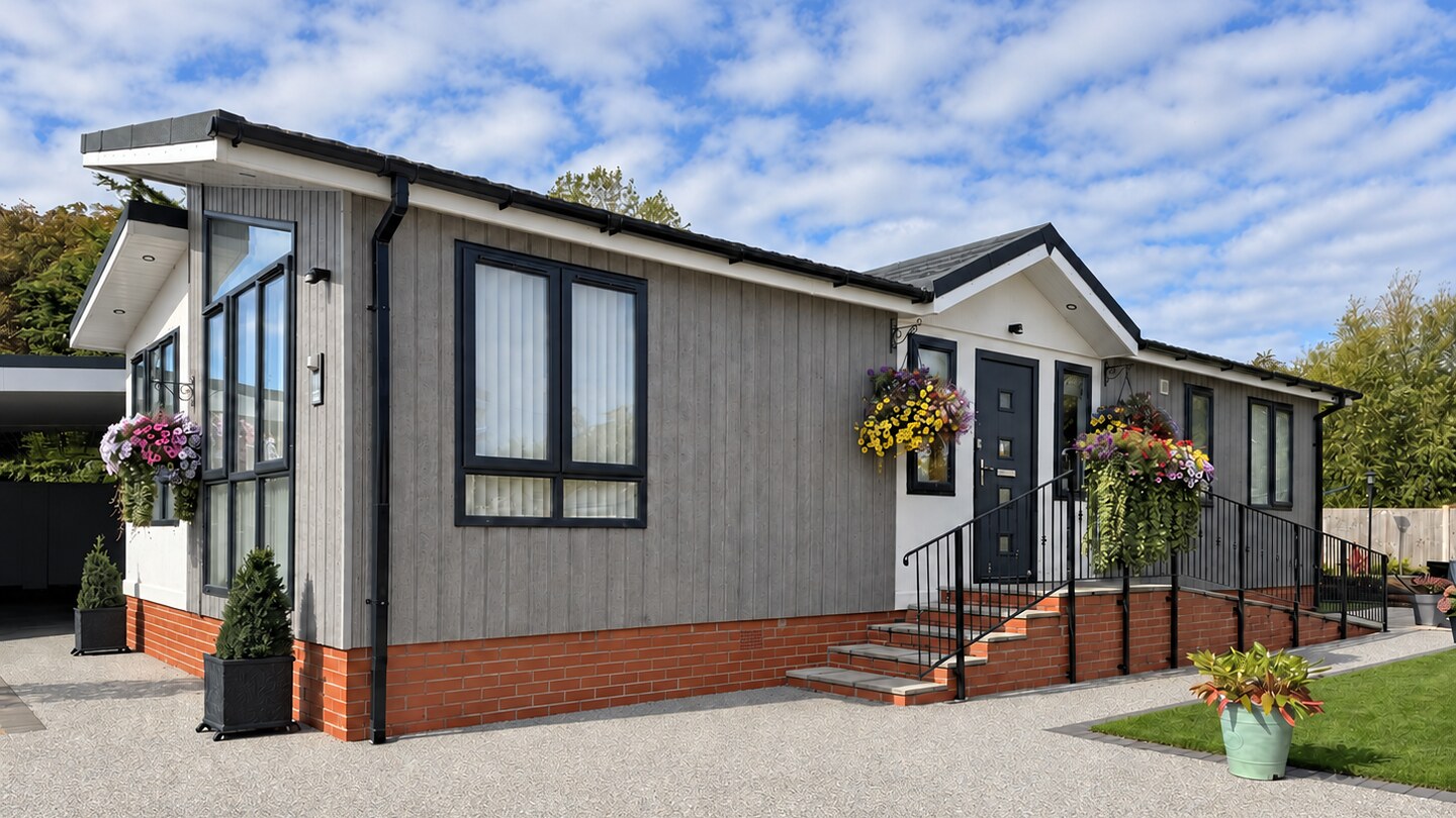 Contemporary residential park home with landscaped surroundings at Hutton Park, Somerset